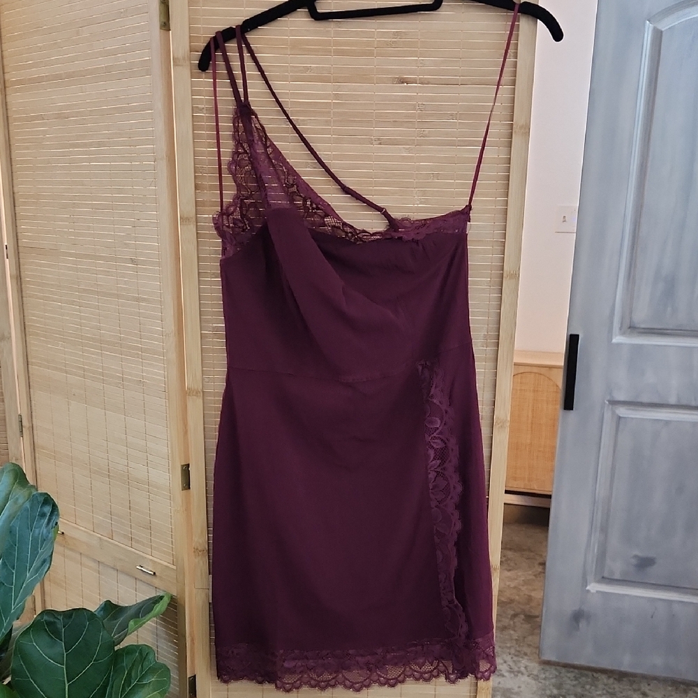 Free People Burgundy One-Shoulder Lace Slip Dress
